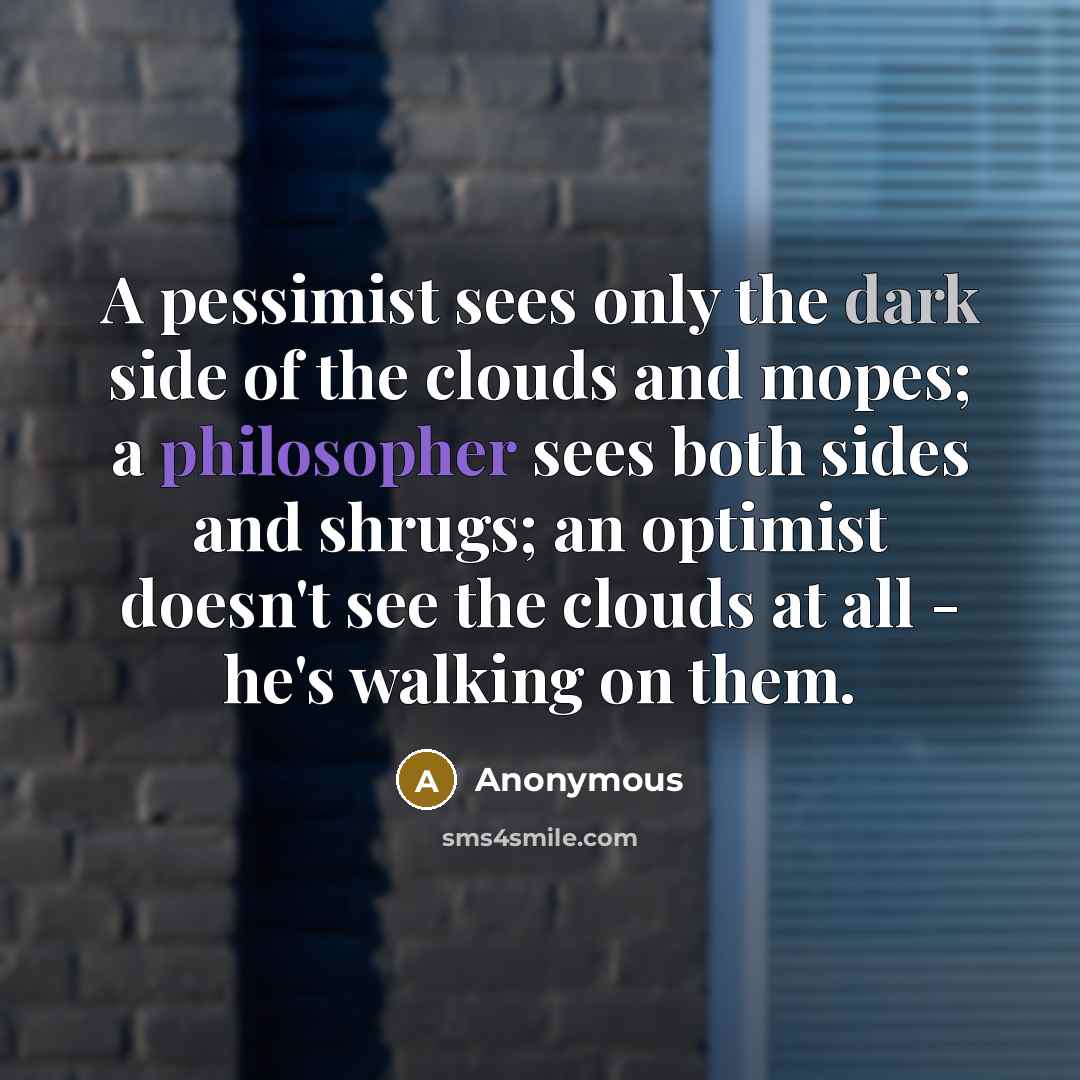“A pessimist sees only the dark side of the clouds and mopes; a philosopher sees both sides and shrugs; an optimist doesn't see the clouds at all - he's walking on them.” quote by Anonymous