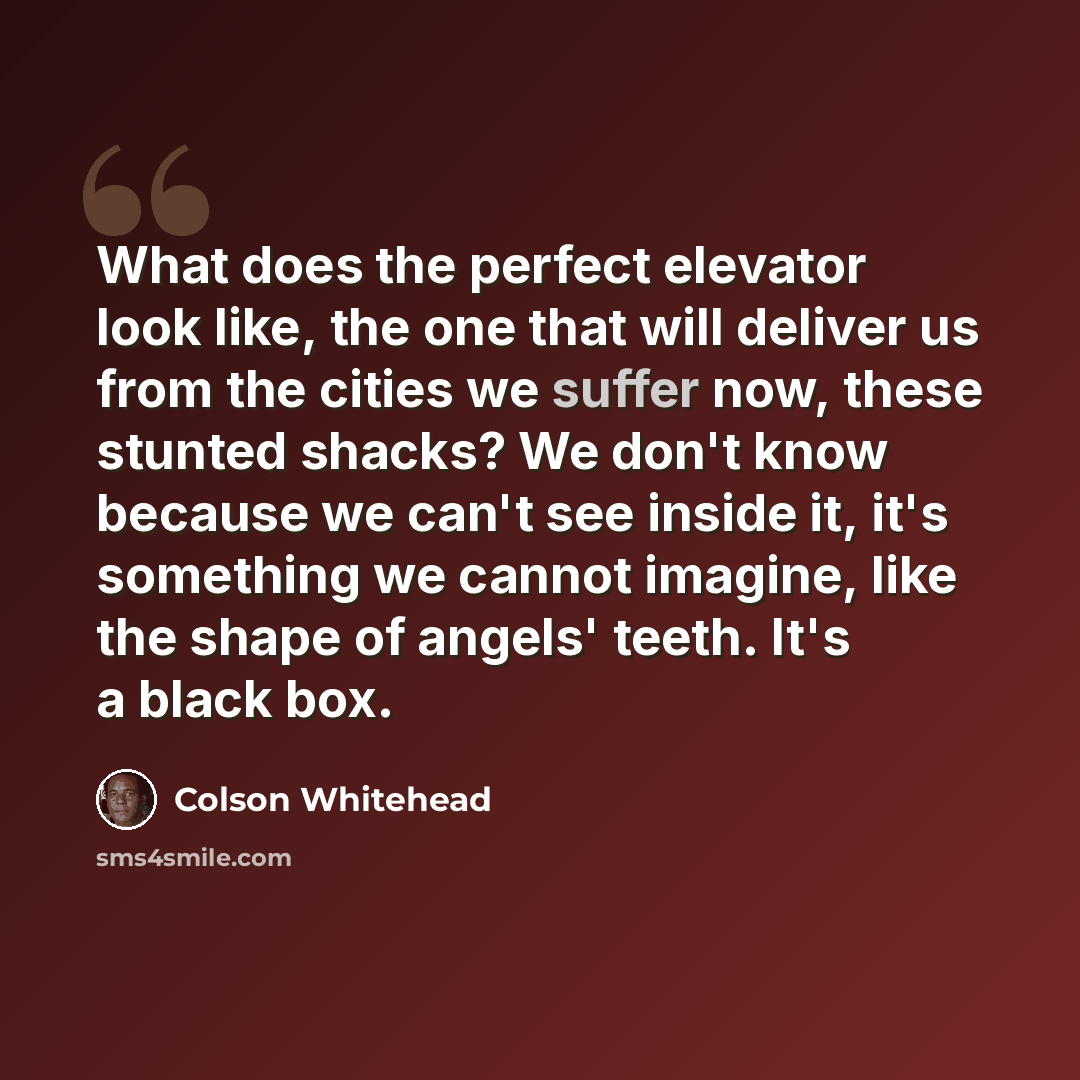 “What does the perfect elevator look like, the one that will deliver us from the cities we suffer now, these stunted shacks? We don't know because we can't see inside it, it's something we cannot imagine, like the shape of angels' teeth. It's a black box.” quote by Colson Whitehead