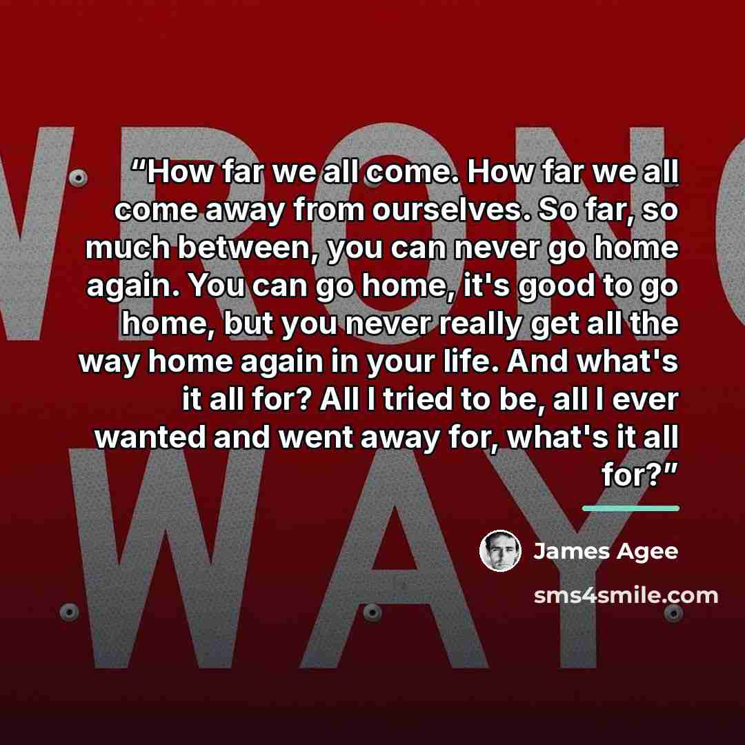 “How far we all come. How far we all come away from ourselves. So far, so much between, you can never go home again. You can go home, it's good to go home, but you never really get all the way home again in your life. And what's it all for? All I tried to be, all I ever wanted and went away for…” quote by James Agee