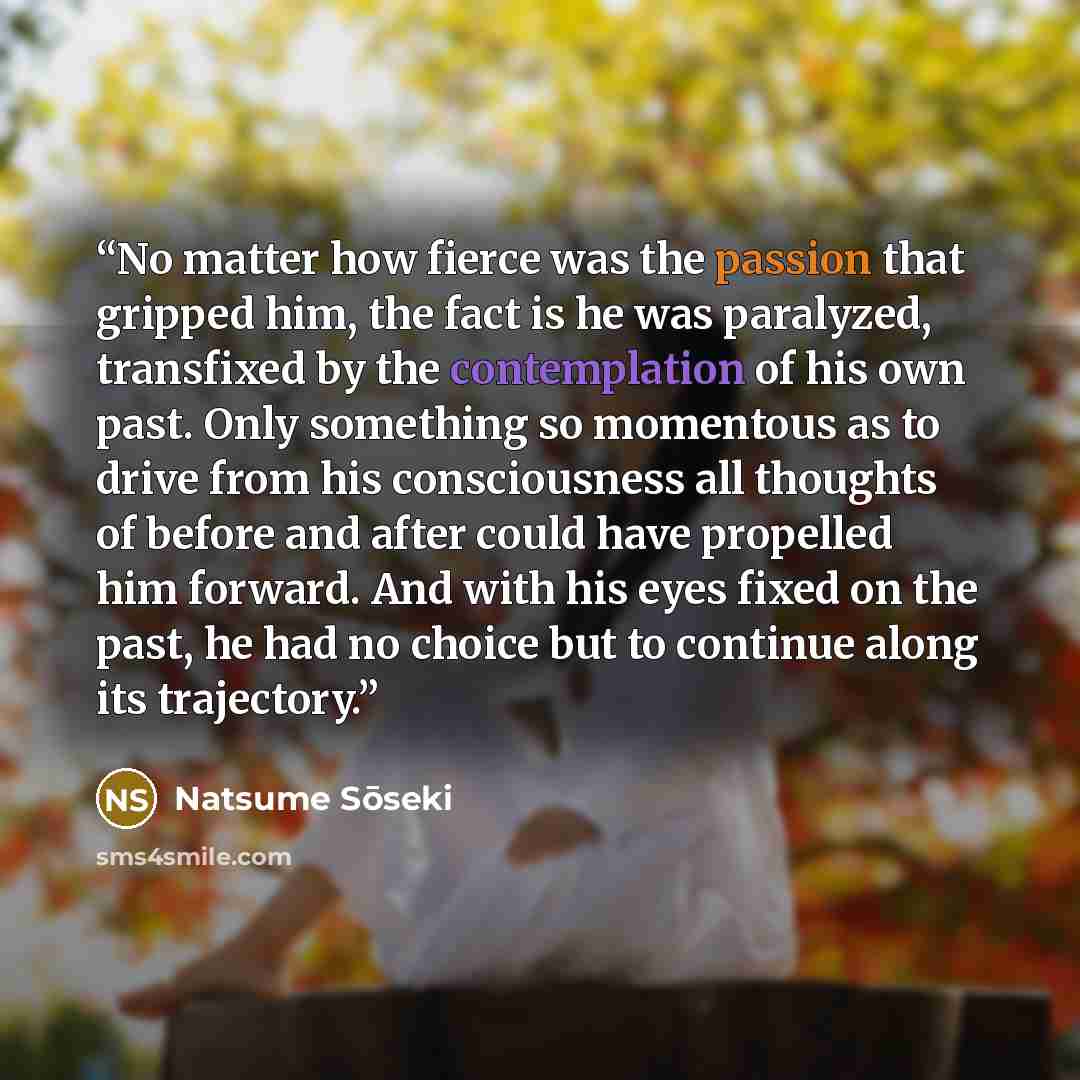 “No matter how fierce was the passion that gripped him, the fact is he was paralyzed, transfixed by the contemplation of his own past. Only something so momentous as to drive from his consciousness all thoughts of before and after could have propelled him forward. And with his eyes fixed on the…” quote by Natsume Sōseki