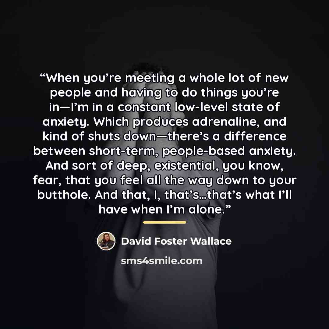“When you’re meeting a whole lot of new people and having to do things you’re in—I’m in a constant low-level state of anxiety. Which produces adrenaline, and kind of shuts down—there’s a difference between short-term, people-based anxiety. And sort of deep, existential, you know, fear, that you…” quote by david foster wallace