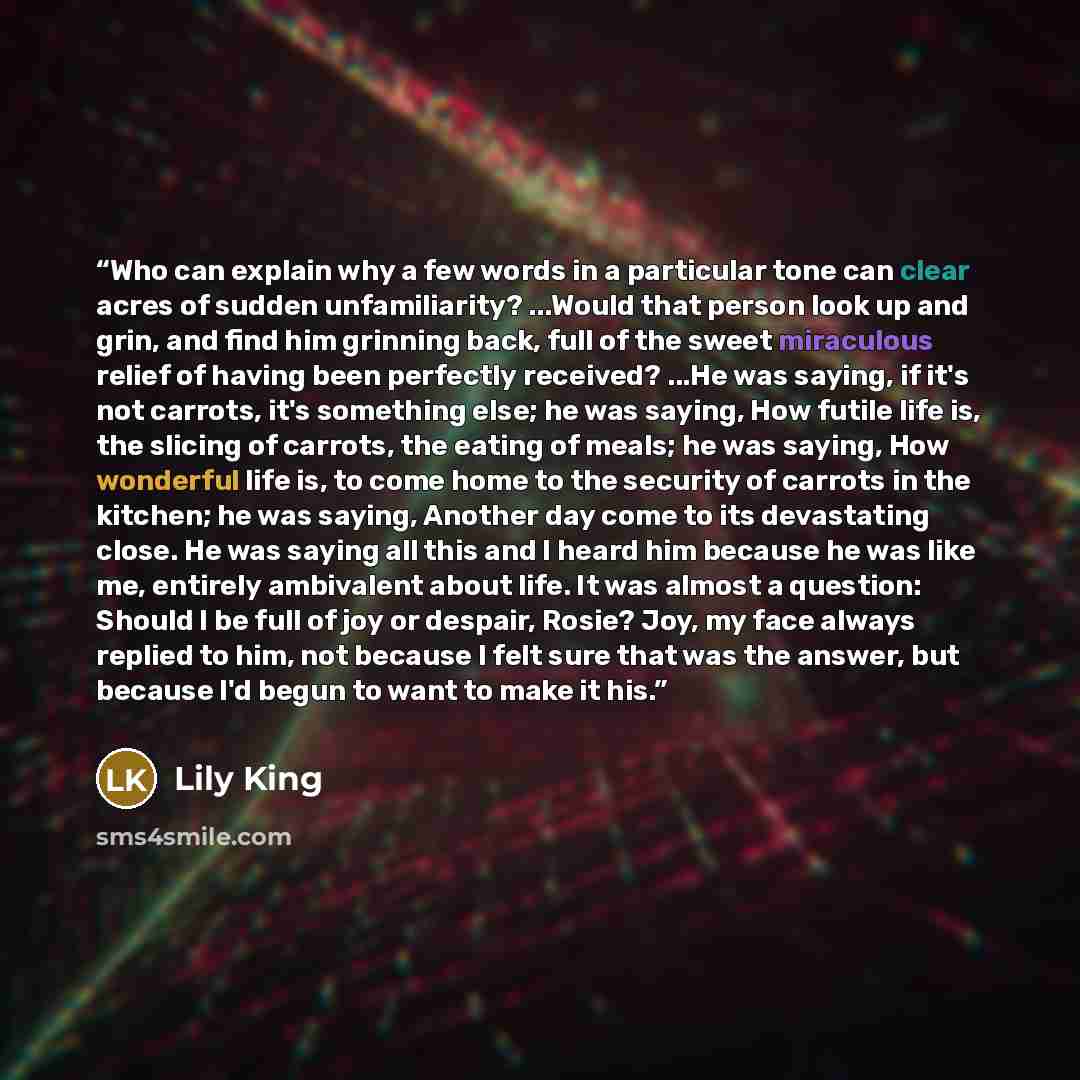 “Who can explain why a few words in a particular tone can clear acres of sudden unfamiliarity? ...Would that person look up and grin, and find him grinning back, full of the sweet miraculous relief of having been perfectly received? ...He was saying, if it's not carrots, it's something else; he was…” quote by Lily King
