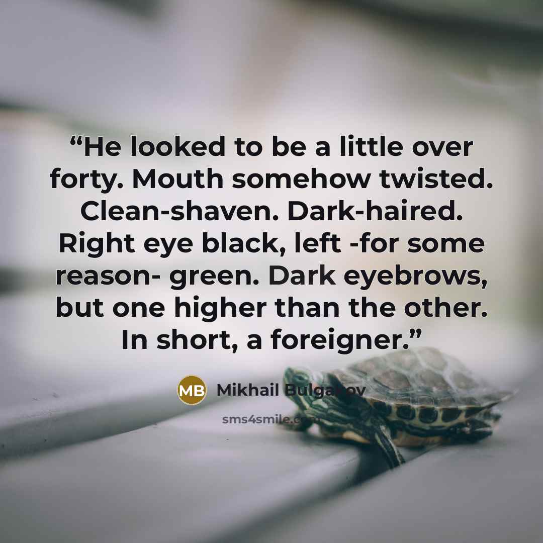 “He looked to be a little over forty. Mouth somehow twisted. Clean-shaven. Dark-haired. Right eye black, left -for some reason- green. Dark eyebrows, but one higher than the other. In short, a foreigner.” quote by Mikhail Bulgakov