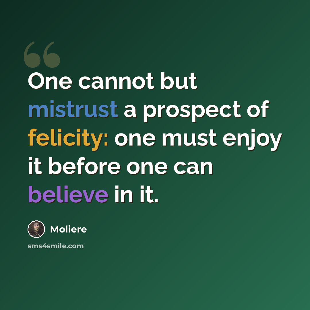 “One cannot but mistrust a prospect of felicity: one must enjoy it before one can believe in it.” quote by Moliere