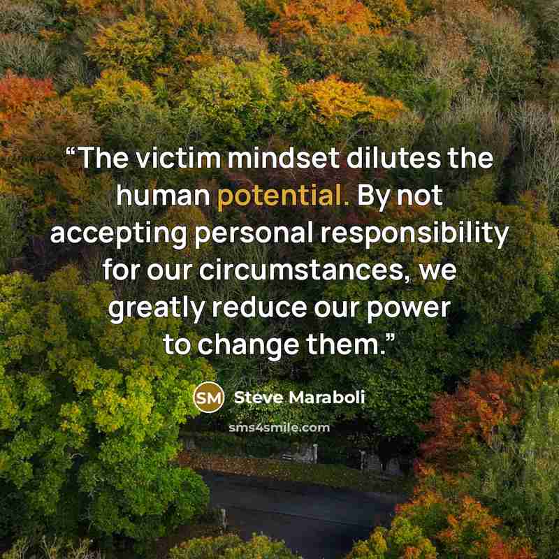 “The victim mindset dilutes the human potential. By not accepting personal responsibility for our circumstances, we greatly reduce our power to change them.” quote by Steve Maraboli