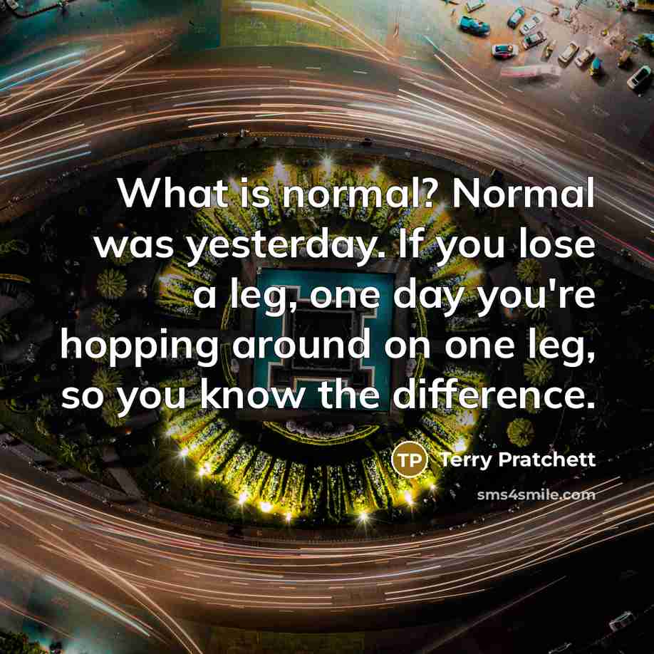 “What is normal? Normal was yesterday. If you lose a leg, one day you're hopping around on one leg, so you know the difference.” quote by Terry Pratchett