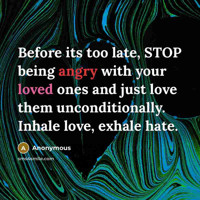 “Before its too late, STOP being angry with your loved ones and just love them unconditionally. Inhale love, exhale hate.” quote by Anonymous