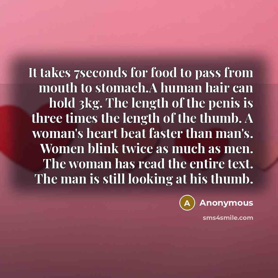 “It takes 7seconds for food to pass from mouth to stomach.A human hair can hold 3kg. The length of the penis is three times the length of the thumb. A woman's heart beat faster than man's. Women blink twice as much as men. The woman has read the entire text. The man is still looking at his thumb.” quote by Anonymous