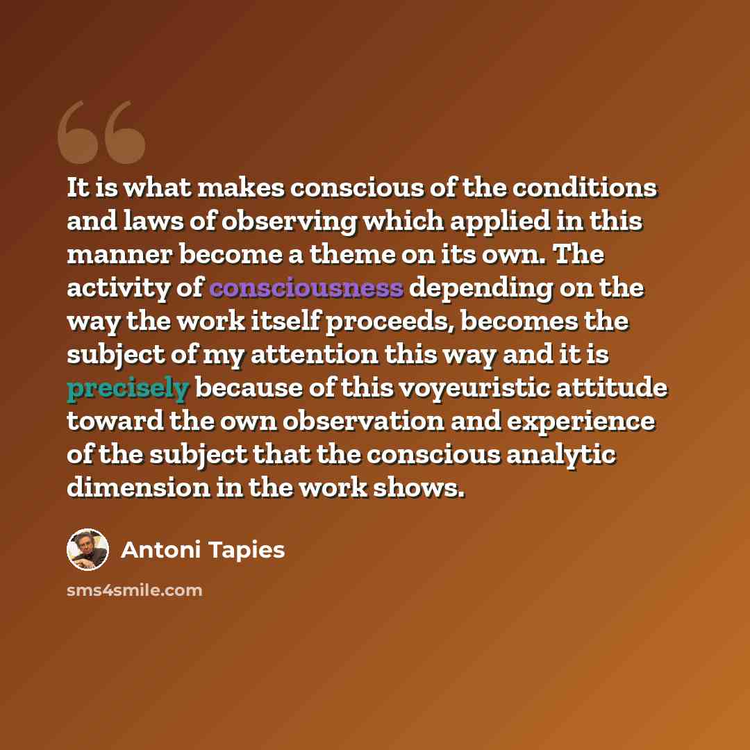 “It is what makes conscious of the conditions and laws of observing which applied in this manner become a theme on its own. The activity of consciousness depending on the way the work itself proceeds, becomes the subject of my attention this way and it is precisely because of this voyeuristic…” quote by Antoni Tapies