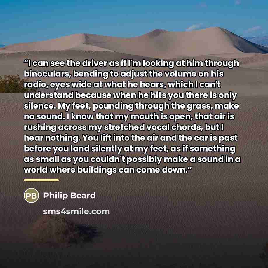 “I can see the driver as if I'm looking at him through binoculars, bending to adjust the volume on his radio, eyes wide at what he hears, which I can't understand because when he hits you there is only silence. My feet, pounding through the grass, make no sound. I know that my mouth is open, that…” quote by Philip Beard