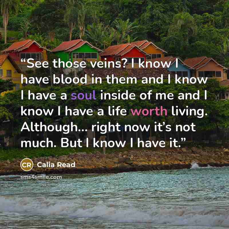 “See those veins? I know I have blood in them and I know I have a soul inside of me and I know I have a life worth living. Although… right now it’s not much. But I know I have it.” quote by Calia Read