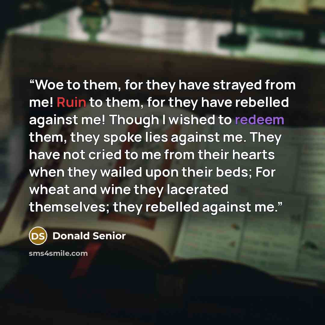 “Woe to them, for they have strayed from me! Ruin to them, for they have rebelled against me! Though I wished to redeem them, they spoke lies against me. They have not cried to me from their hearts when they wailed upon their beds; For wheat and wine they lacerated themselves; they rebelled against…” quote by Donald Senior