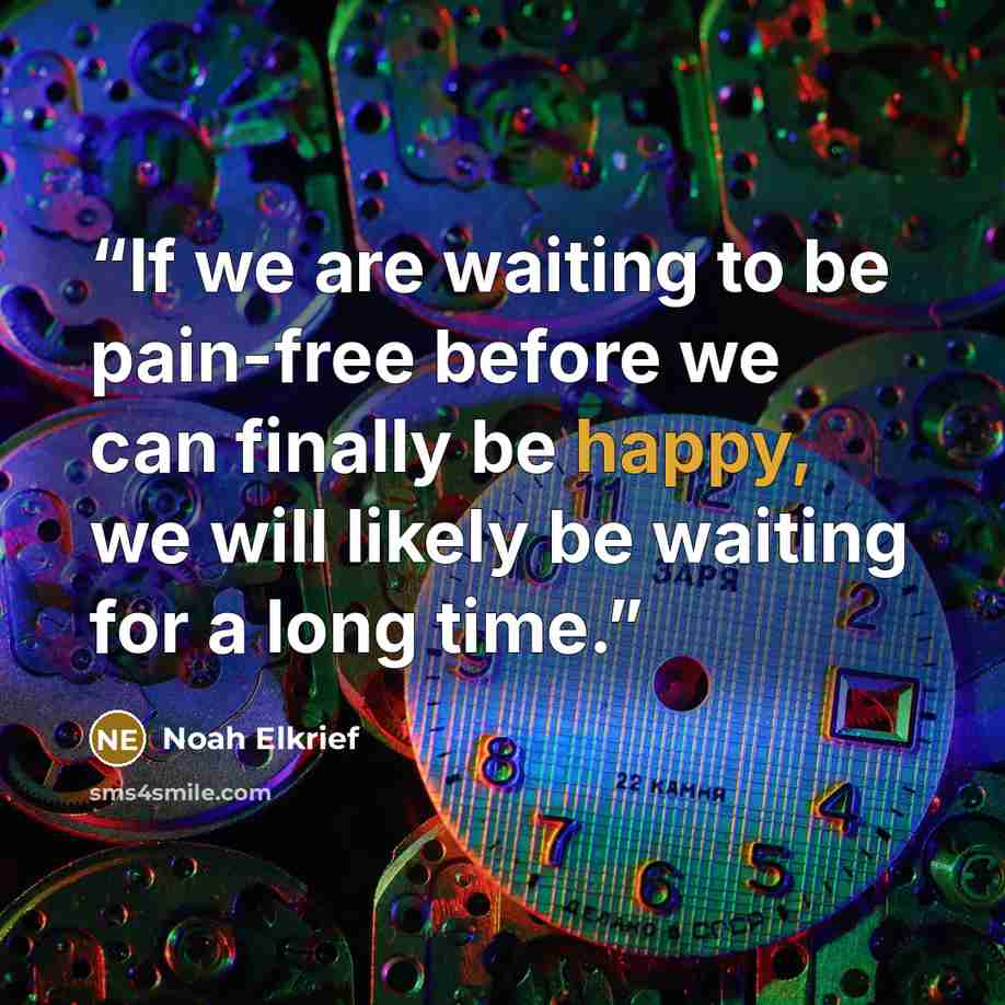 “If we are waiting to be pain-free before we can finally be happy, we will likely be waiting for a long time.” quote by Noah Elkrief