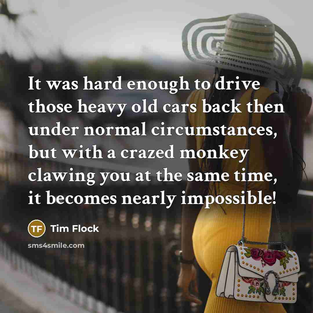 “It was hard enough to drive those heavy old cars back then under normal circumstances, but with a crazed monkey clawing you at the same time, it becomes nearly impossible!” quote by Tim Flock