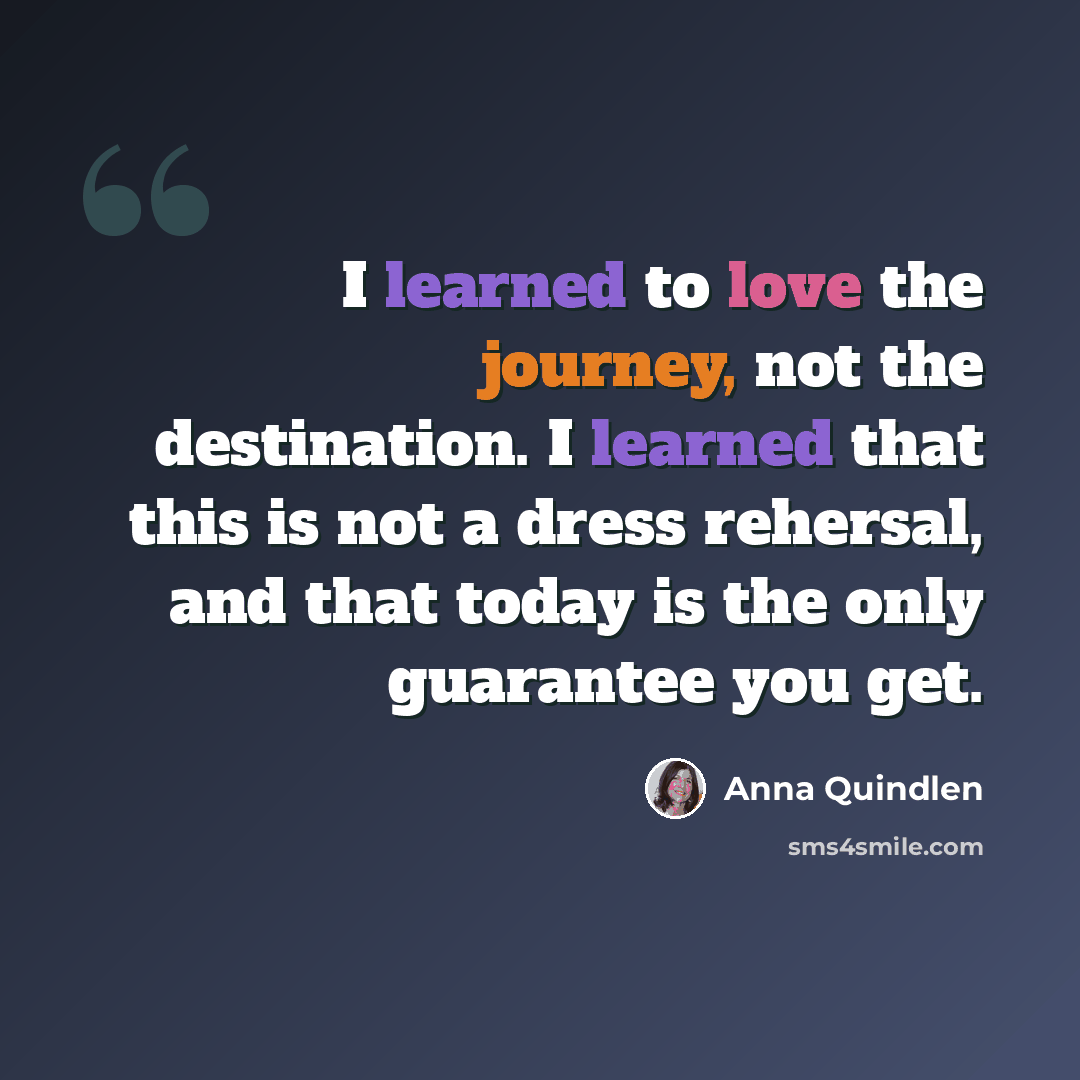 “I learned to love the journey, not the destination. I learned that this is not a dress rehersal, and that today is the only guarantee you get.” quote by Anna Quindlen