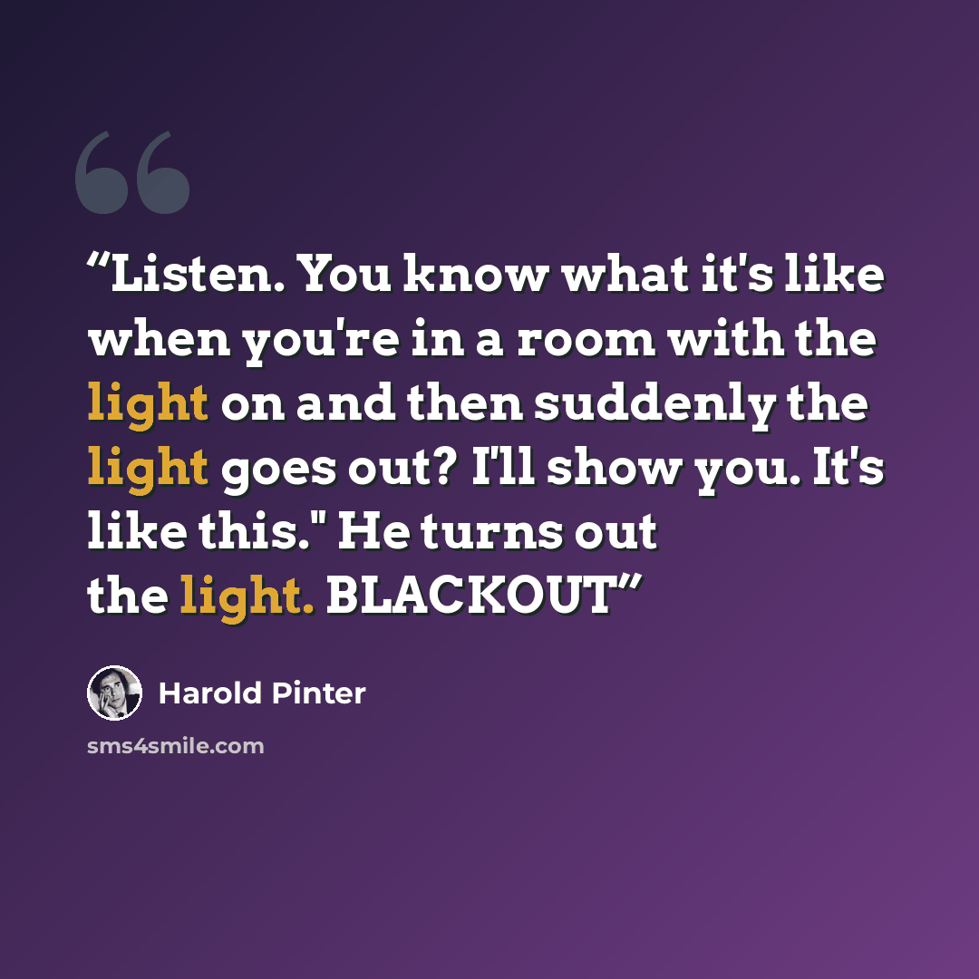 “Listen. You know what it's like when you're in a room with the light on and then suddenly the light goes out? I'll show you. It's like this." He turns out the light. BLACKOUT” quote by Harold Pinter