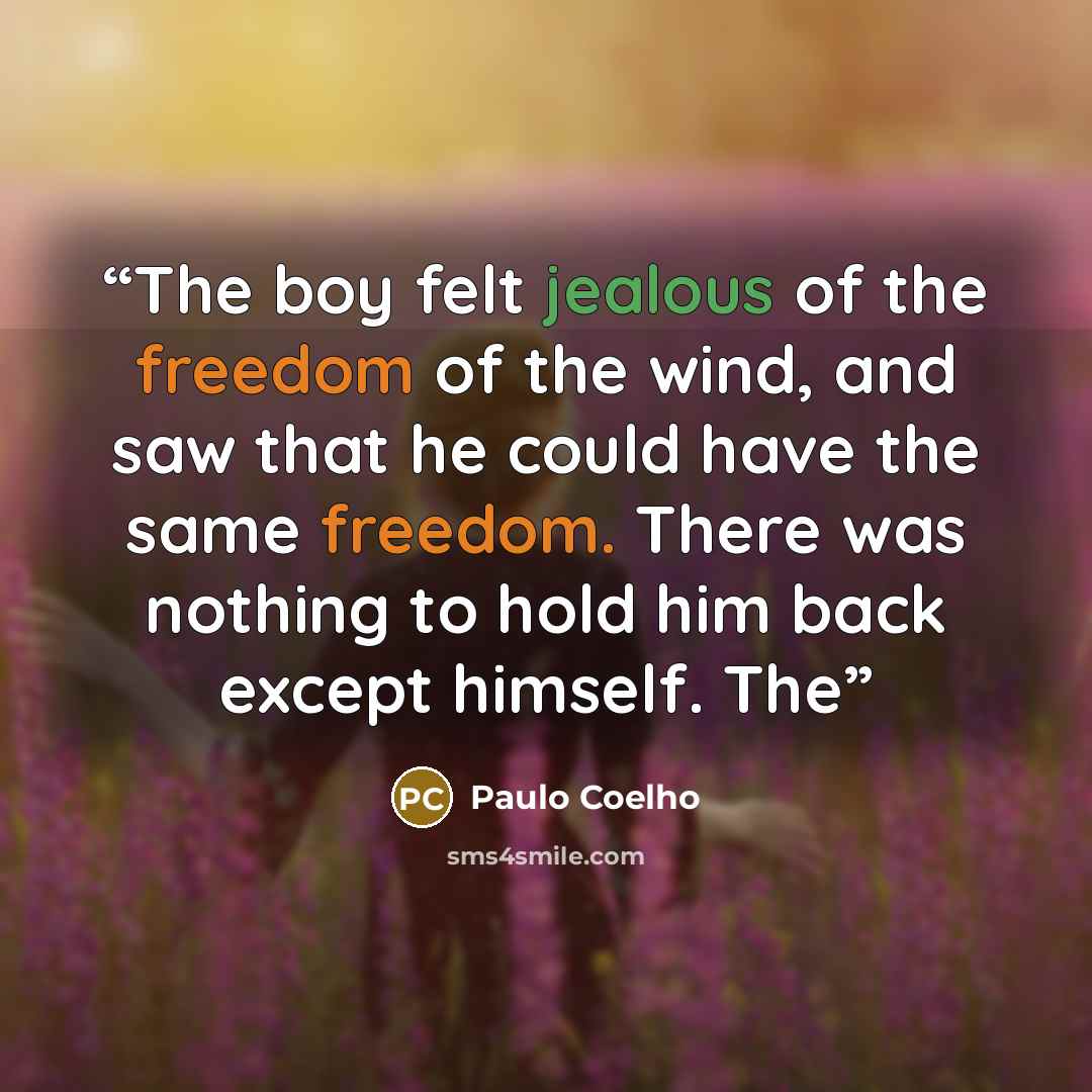“The boy felt jealous of the freedom of the wind, and saw that he could have the same freedom. There was nothing to hold him back except himself. The” quote by Paulo Coelho