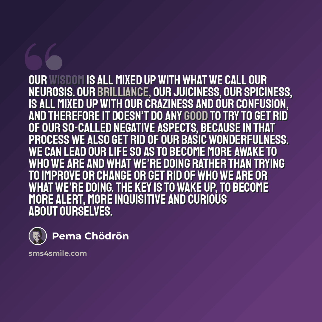 “Our wisdom is all mixed up with what we call our neurosis. Our brilliance, our juiciness, our spiciness, is all mixed up with our craziness and our confusion, and therefore it doesn’t do any good to try to get rid of our so-called negative aspects, because in that process we also get rid of our…” quote by Pema Chodron
