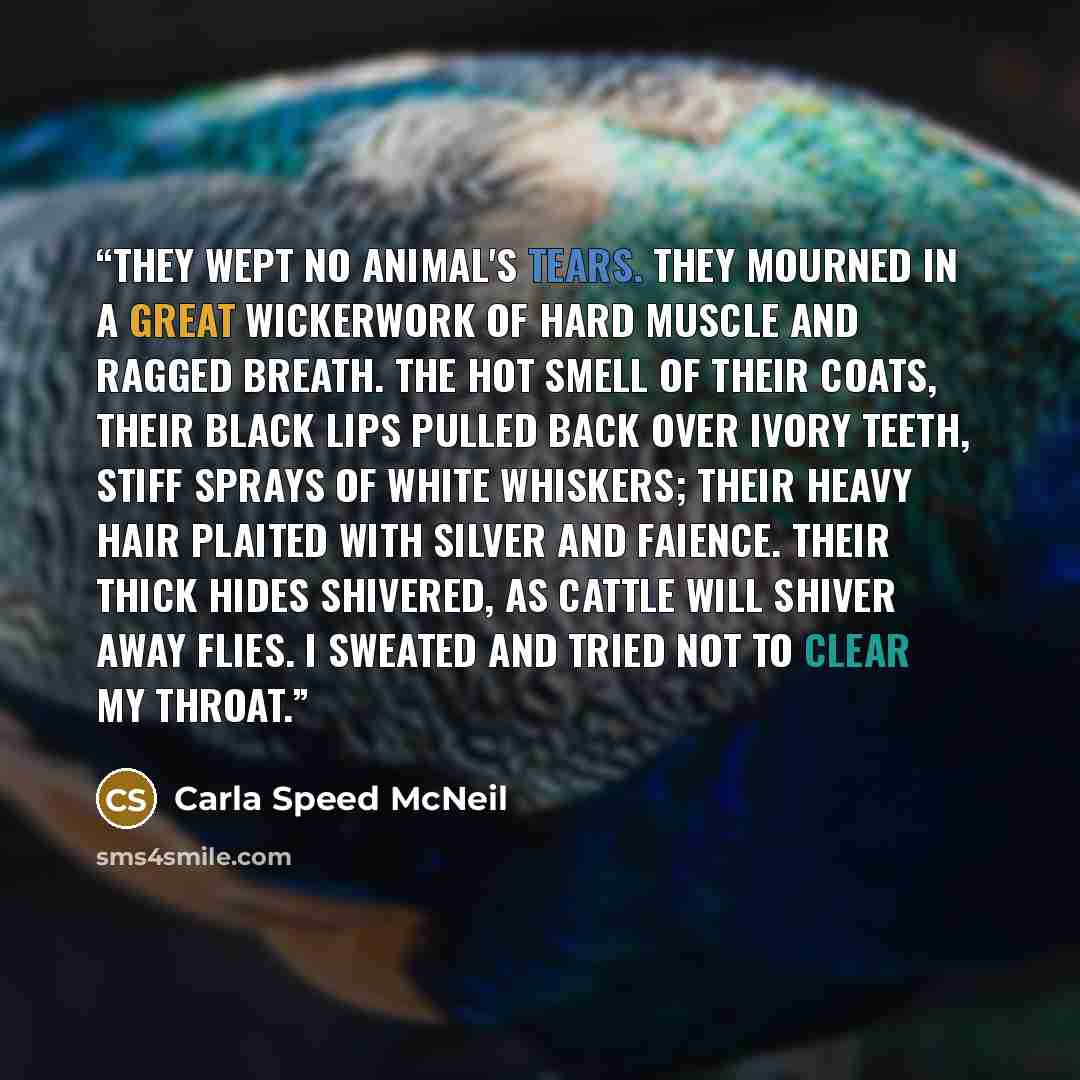 “They wept no animal's tears. They mourned in a great wickerwork of hard muscle and ragged breath. The hot smell of their coats, their black lips pulled back over ivory teeth, stiff sprays of white whiskers; their heavy hair plaited with silver and faience. Their thick hides shivered, as cattle…” quote by Carla Speed McNeil