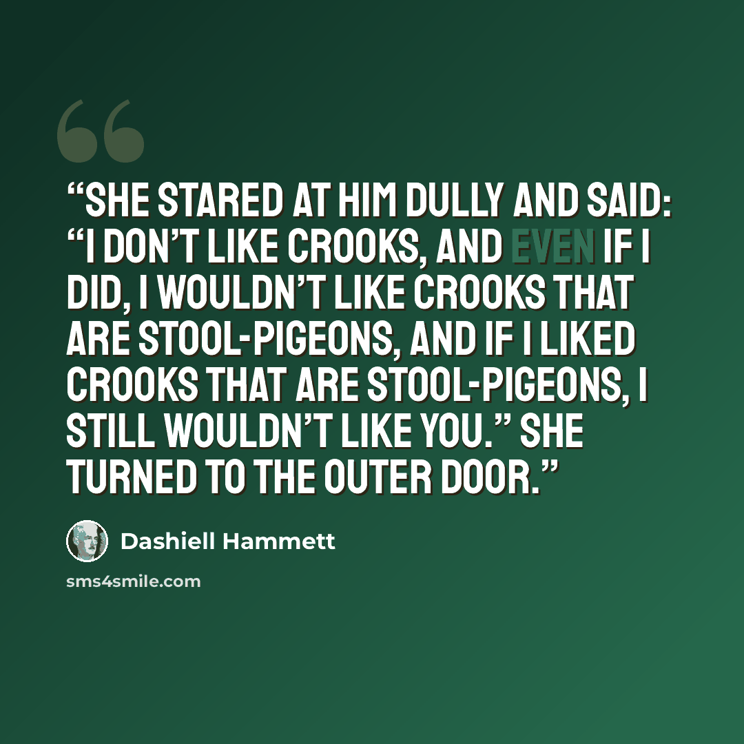 “She stared at him dully and said: “I don’t like crooks, and even if I did, I wouldn’t like crooks that are stool-pigeons, and if I liked crooks that are stool-pigeons, I still wouldn’t like you.” She turned to the outer door.” quote by Dashiell Hammett