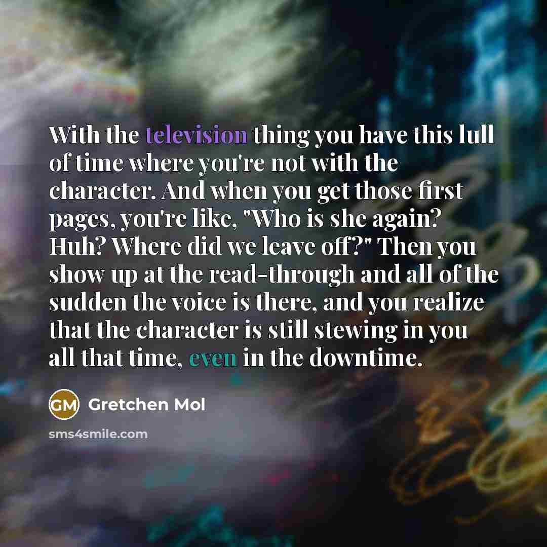 “With the television thing you have this lull of time where you're not with the character. And when you get those first pages, you're like, "Who is she again? Huh? Where did we leave off?" Then you show up at the read-through and all of the sudden the voice is there, and you realize that the…” quote by Gretchen Mol