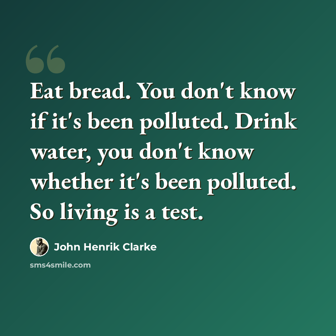 “Eat bread. You don't know if it's been polluted. Drink water, you don't know whether it's been polluted. So living is a test.” quote by John Henrik Clarke