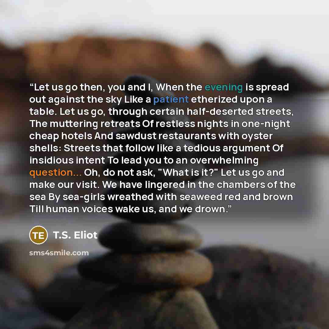 “Let us go then, you and I, When the evening is spread out against the sky Like a patient etherized upon a table. Let us go, through certain half-deserted streets, The muttering retreats Of restless nights in one-night cheap hotels And sawdust restaurants with oyster shells: Streets that follow…” quote by T.S. Eliot