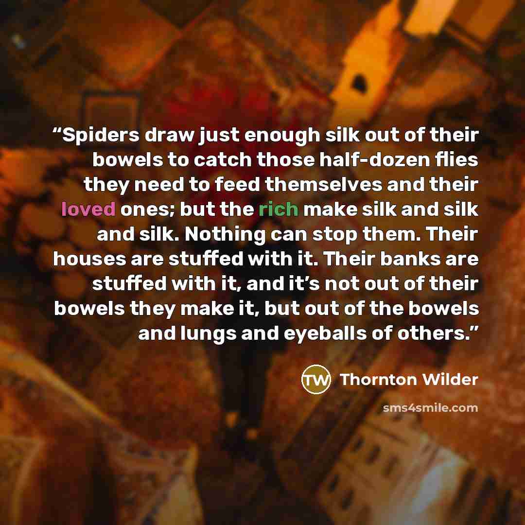 “Spiders draw just enough silk out of their bowels to catch those half-dozen flies they need to feed themselves and their loved ones; but the rich make silk and silk and silk. Nothing can stop them. Their houses are stuffed with it. Their banks are stuffed with it, and it’s not out of their bowels…” quote by Thornton Wilder