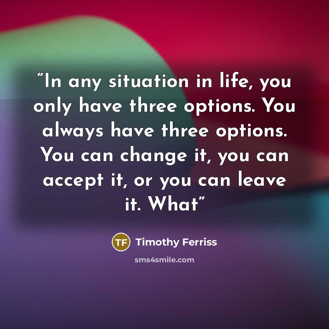 “In any situation in life, you only have three options. You always have three options. You can change it, you can accept it, or you can leave it. What” quote by Timothy Ferriss
