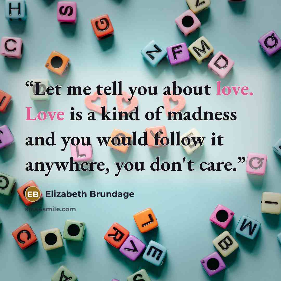 “Let me tell you about love. Love is a kind of madness and you would follow it anywhere, you don't care.” quote by Elizabeth Brundage
