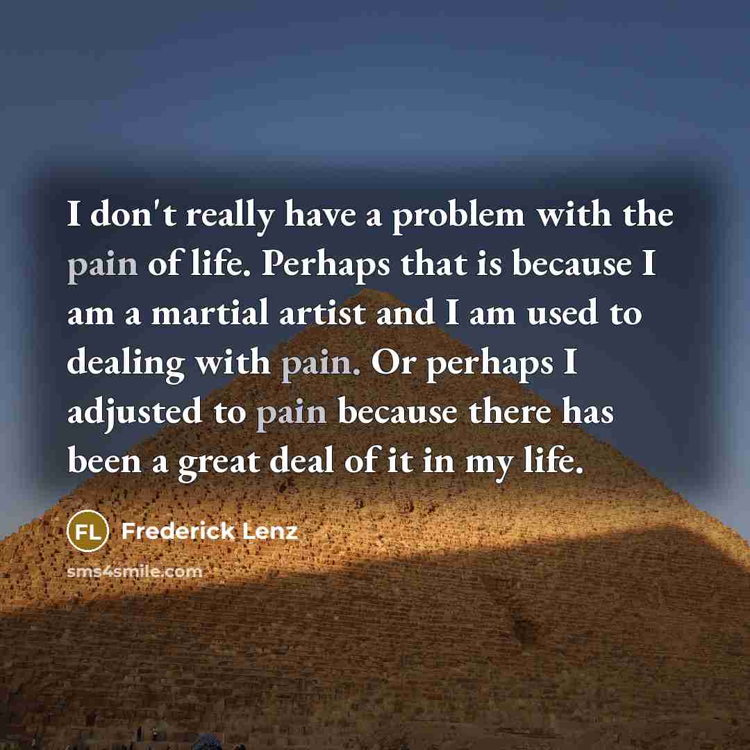“I don't really have a problem with the pain of life. Perhaps that is because I am a martial artist and I am used to dealing with pain. Or perhaps I adjusted to pain because there has been a great deal of it in my life.” quote by Frederick Lenz