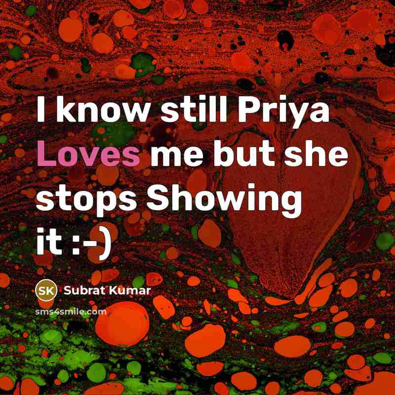 “I know still Priya Loves me but she stops Showing it :-)” quote by Subrat Kumar
