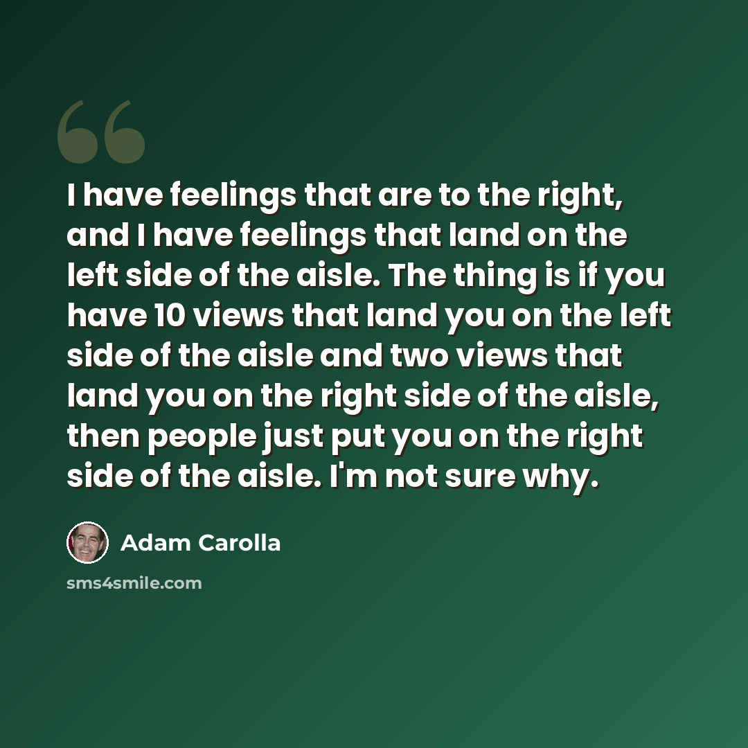 “I have feelings that are to the right, and I have feelings that land on the left side of the aisle. The thing is if you have 10 views that land you on the left side of the aisle and two views that land you on the right side of the aisle, then people just put you on the right side of the aisle. I'm…” quote by Adam Carolla