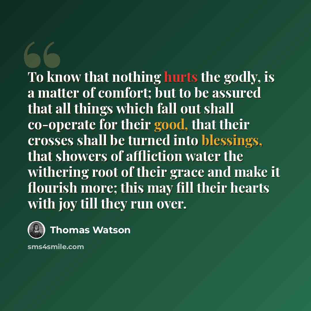 “To know that nothing hurts the godly, is a matter of comfort; but to be assured that all things which fall out shall co-operate for their good, that their crosses shall be turned into blessings, that showers of affliction water the withering root of their grace and make it flourish more; this may…” quote by Thomas Watson