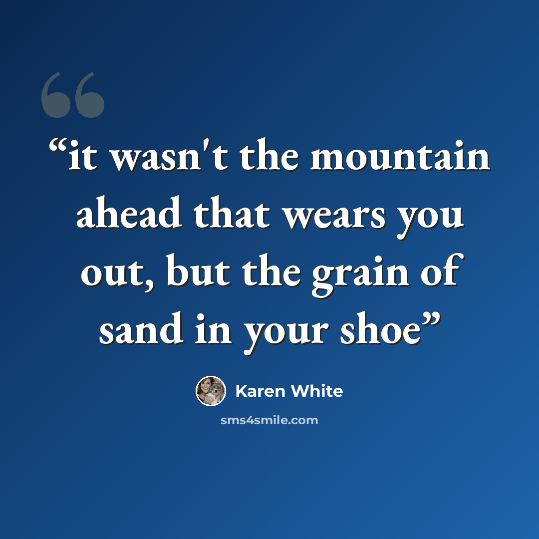 “it wasn't the mountain ahead that wears you out, but the grain of sand in your shoe” quote by Karen White