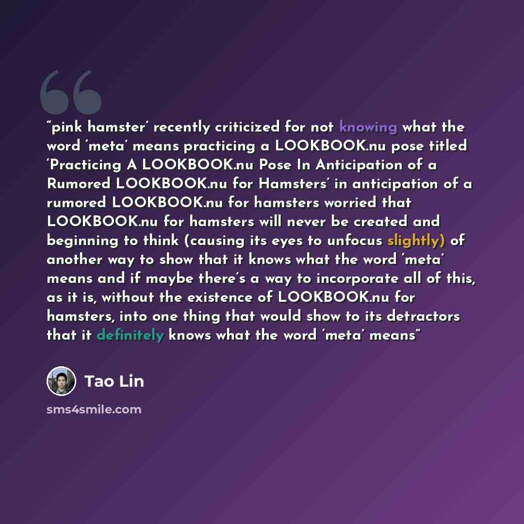 “pink hamster’ recently criticized for not knowing what the word ‘meta’ means practicing a LOOKBOOK.nu pose titled ‘Practicing A LOOKBOOK.nu Pose In Anticipation of a Rumored LOOKBOOK.nu for Hamsters’ in anticipation of a rumored LOOKBOOK.nu for hamsters worried that LOOKBOOK.nu for hamsters will…” quote by Tao Lin