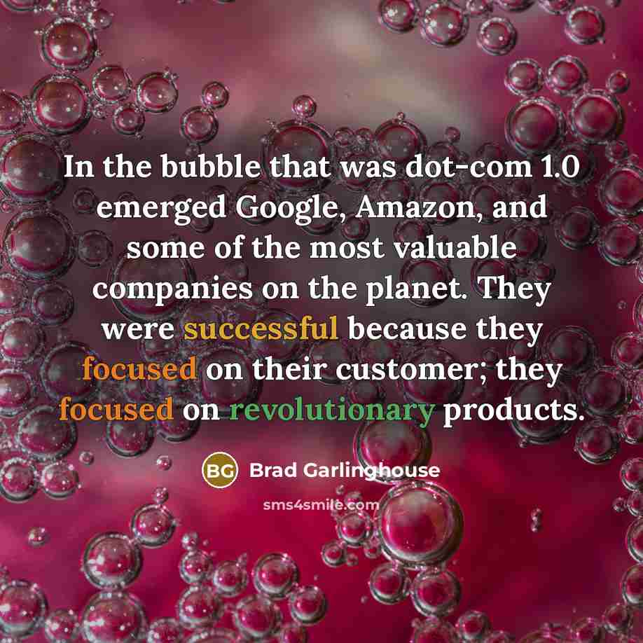 “In the bubble that was dot-com 1.0 emerged Google, Amazon, and some of the most valuable companies on the planet. They were successful because they focused on their customer; they focused on revolutionary products.” quote by Brad Garlinghouse