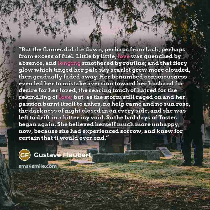 “But the flames did die down, perhaps from lack, perhaps from excess of fuel. Little by little, love was quenched by absence, and longing smothered by routine; and that fiery glow which tinged her pale sky scarlet grew more clouded, then gradually faded away. Her benumbed consciousness even led her…” quote by Gustave Flaubert