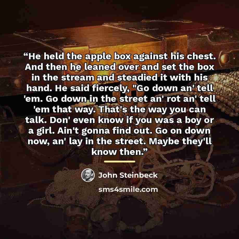 “He held the apple box against his chest. And then he leaned over and set the box in the stream and steadied it with his hand. He said fiercely, "Go down an' tell 'em. Go down in the street an' rot an' tell 'em that way. That's the way you can talk. Don' even know if you was a boy or a girl. Ain't…” quote by John Steinbeck