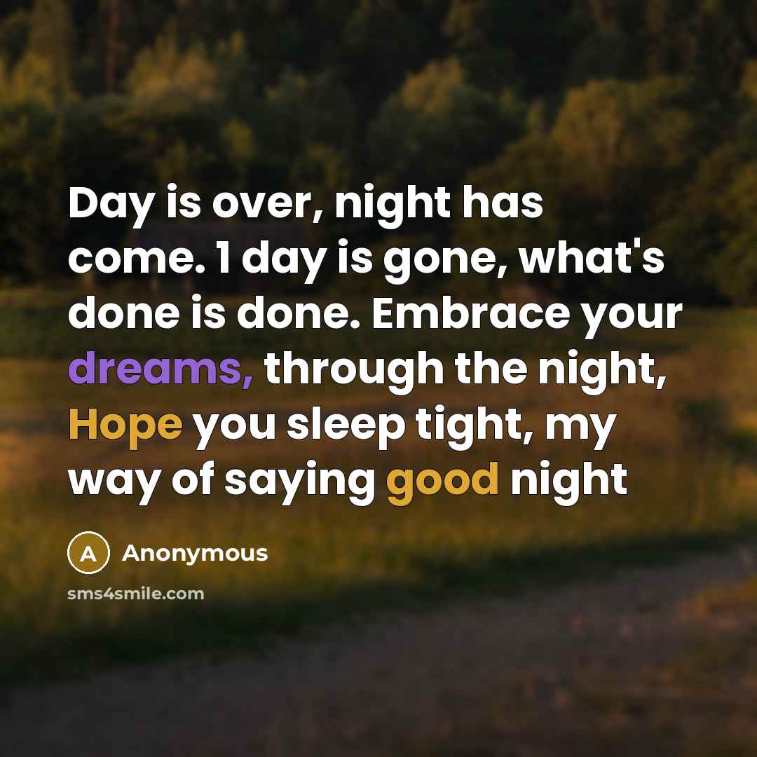 “Day is over, night has come. 1 day is gone, what's done is done. Embrace your dreams, through the night, Hope you sleep tight, my way of saying good night” quote by Anonymous