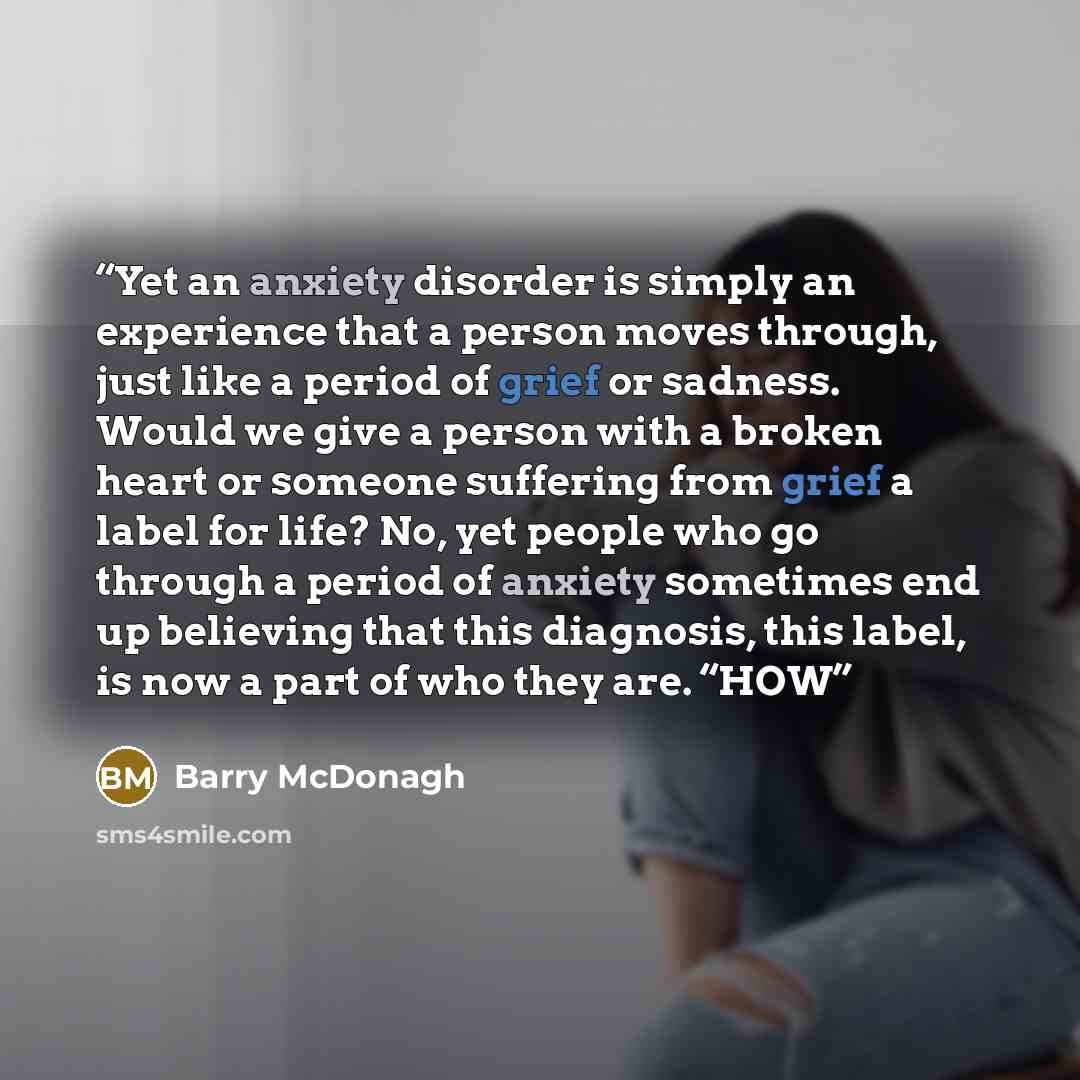 “Yet an anxiety disorder is simply an experience that a person moves through, just like a period of grief or sadness. Would we give a person with a broken heart or someone suffering from grief a label for life? No, yet people who go through a period of anxiety sometimes end up believing that this…” quote by Barry McDonagh