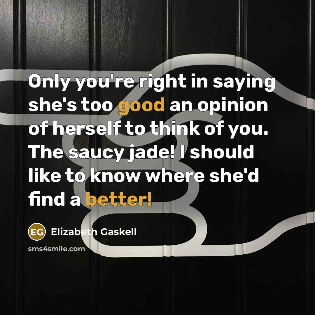“Only you're right in saying she's too good an opinion of herself to think of you. The saucy jade! I should like to know where she'd find a better!” quote by Elizabeth Gaskell