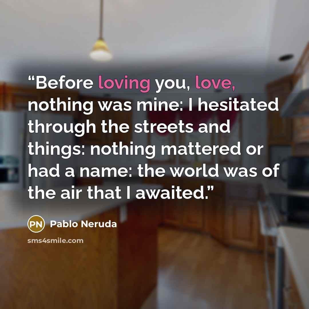 “Before loving you, love, nothing was mine: I hesitated through the streets and things: nothing mattered or had a name: the world was of the air that I awaited.” quote by Pablo Neruda