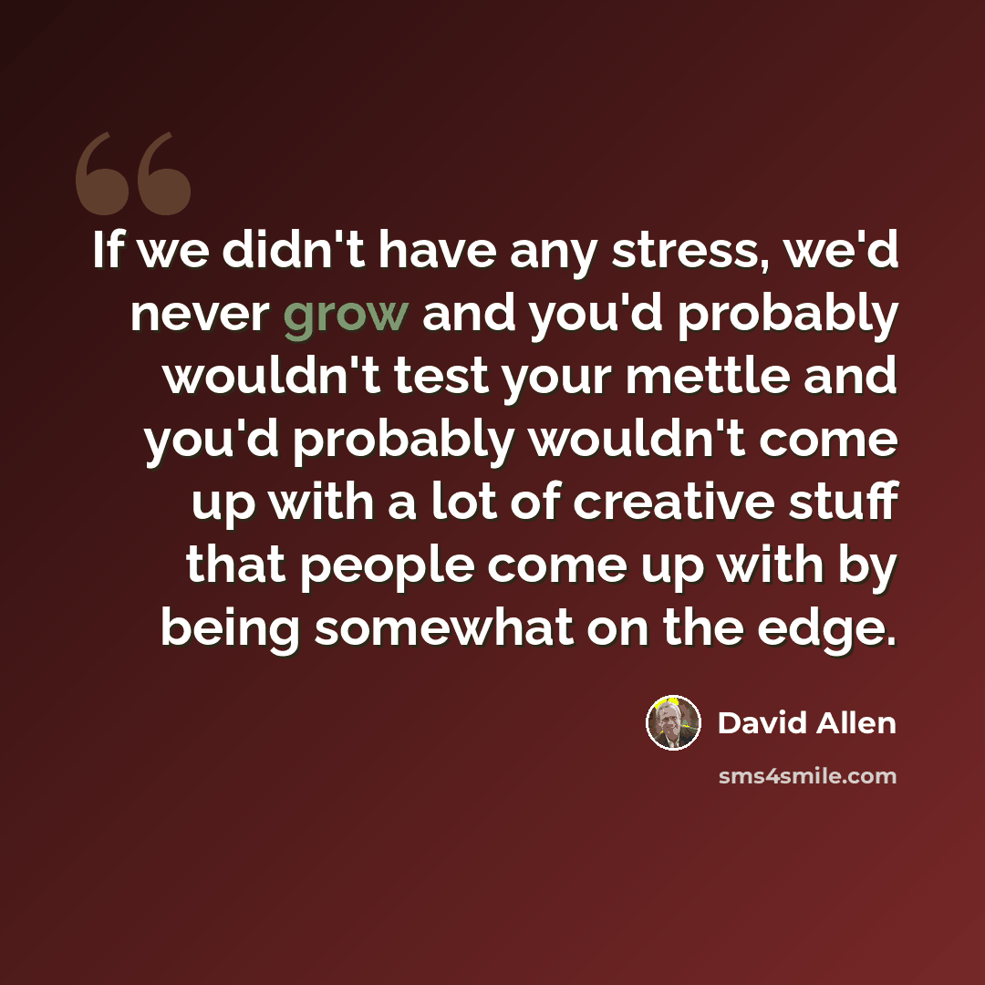 “If we didn't have any stress, we'd never grow and you'd probably wouldn't test your mettle and you'd probably wouldn't come up with a lot of creative stuff that people come up with by being somewhat on the edge.” quote by David Allen