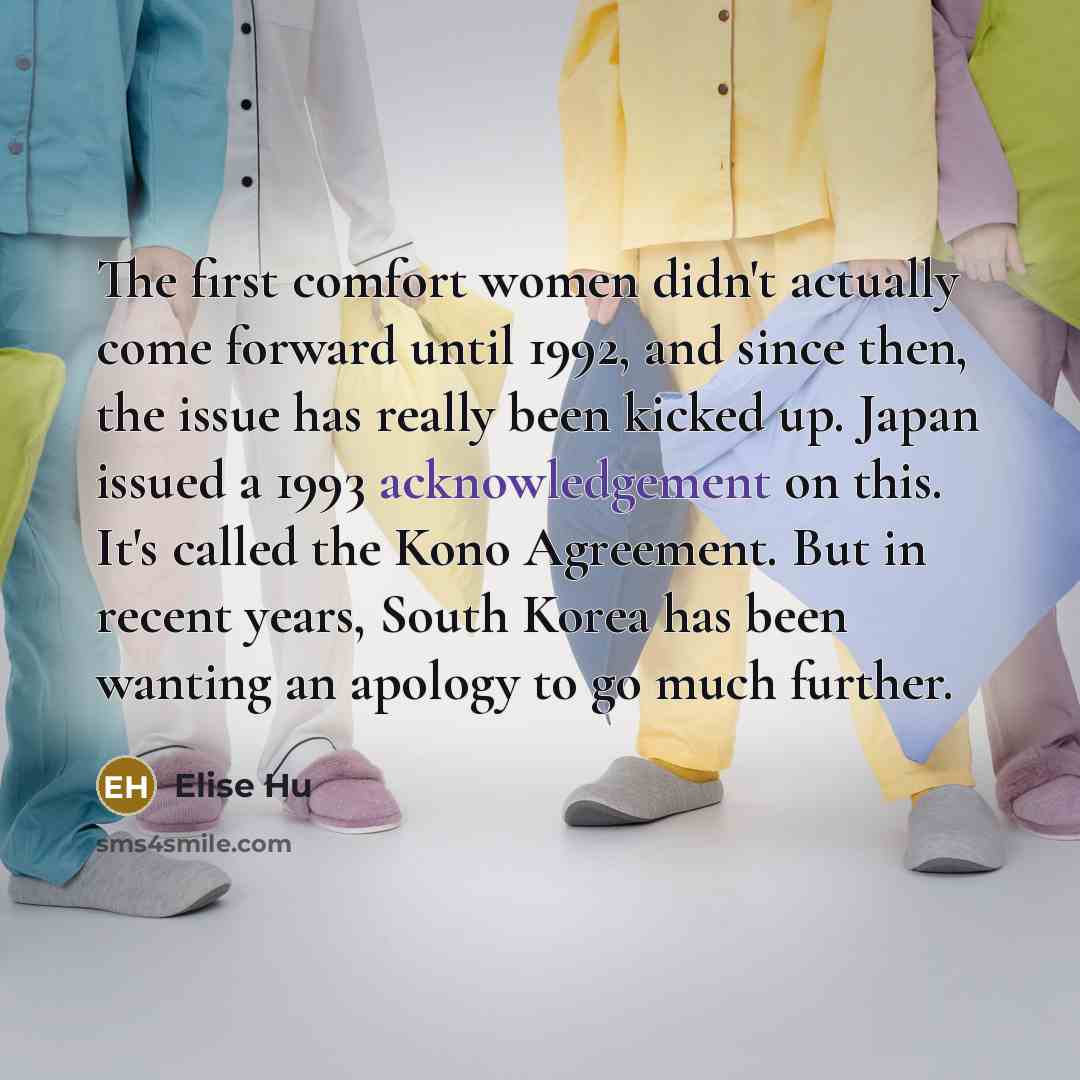 “The first comfort women didn't actually come forward until 1992, and since then, the issue has really been kicked up. Japan issued a 1993 acknowledgement on this. It's called the Kono Agreement. But in recent years, South Korea has been wanting an apology to go much further.” quote by Elise Hu
