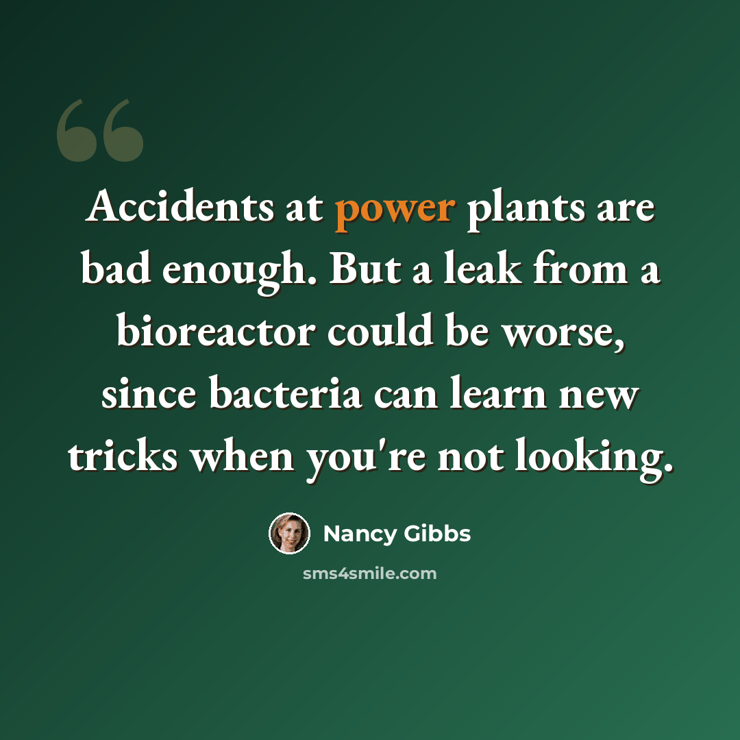 “Accidents at power plants are bad enough. But a leak from a bioreactor could be worse, since bacteria can learn new tricks when you're not looking.” quote by Nancy Gibbs