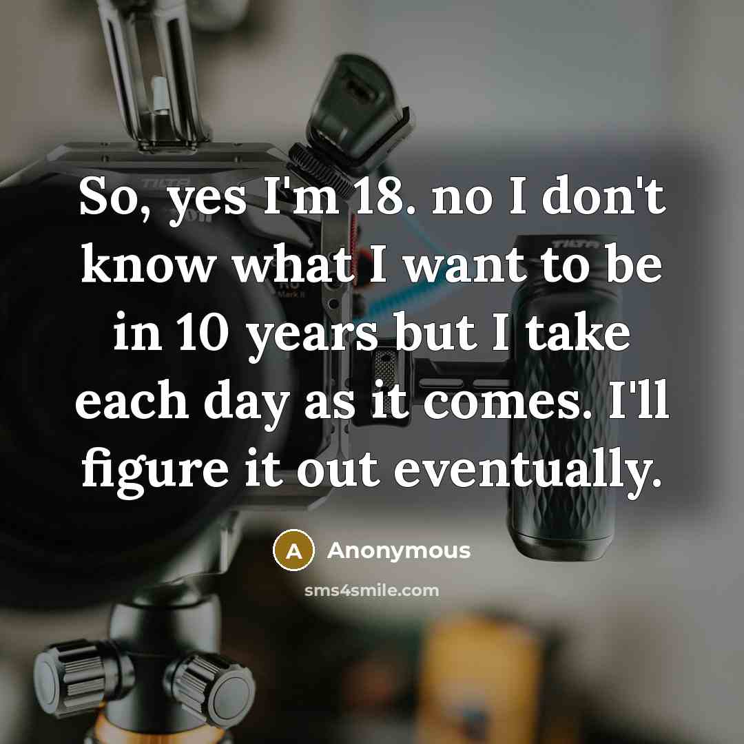“So, yes I'm 18. no I don't know what I want to be in 10 years but I take each day as it comes. I'll figure it out eventually.” quote by Anonymous