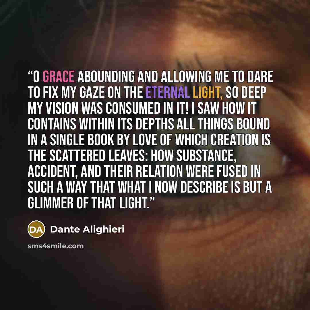 “O grace abounding and allowing me to dare to fix my gaze on the Eternal Light, so deep my vision was consumed in it! I saw how it contains within its depths all things bound in a single book by love of which creation is the scattered leaves: how substance, accident, and their relation were fused…” quote by Dante Alighieri