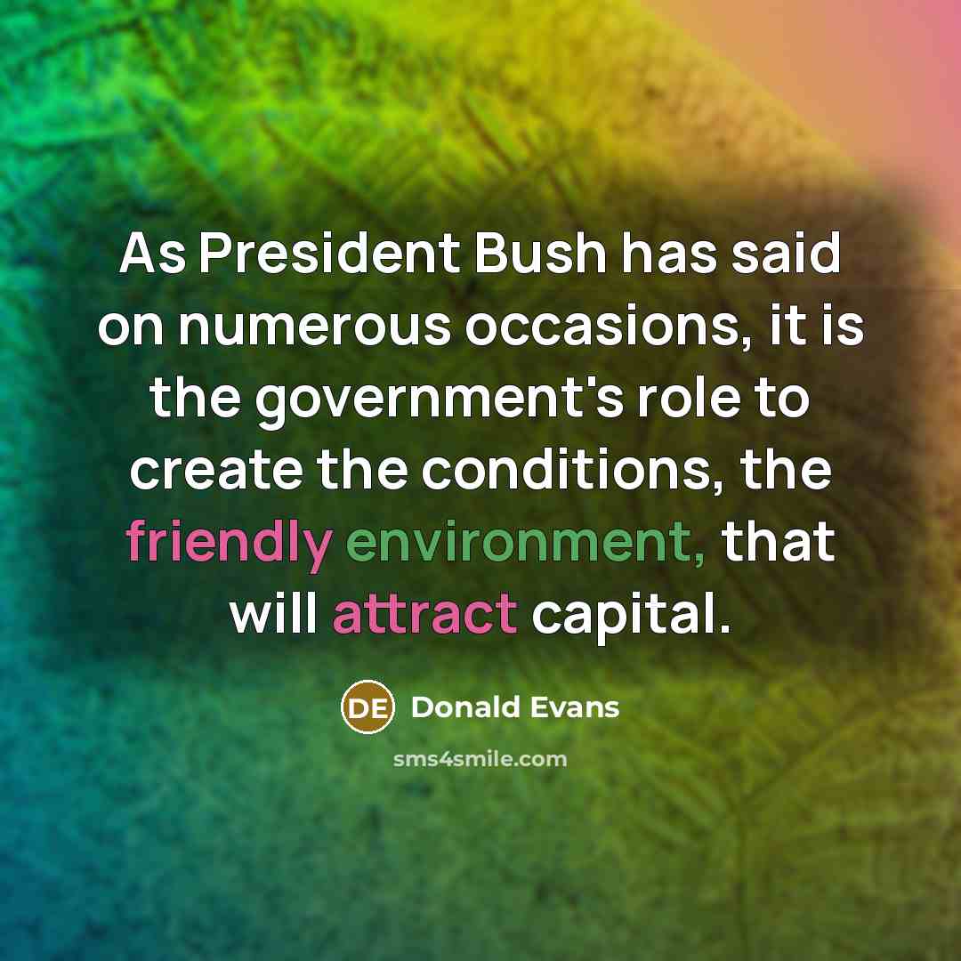 “As President Bush has said on numerous occasions, it is the government's role to create the conditions, the friendly environment, that will attract capital.” quote by Donald Evans