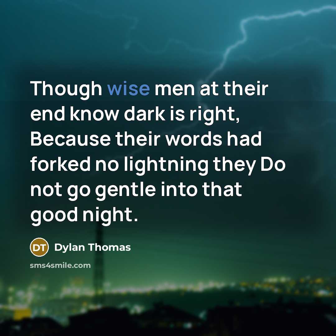 “Though wise men at their end know dark is right, Because their words had forked no lightning they Do not go gentle into that good night.” quote by Dylan Thomas
